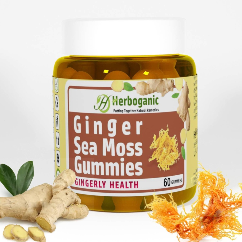Gingembre HERBOGANIQUE Gingembre de mer Gummies - Soutien aux plantes pour la santé immunitaire et digestive - Alimentation végétale, sans gluten et amis des végétaliens - 60 comtes