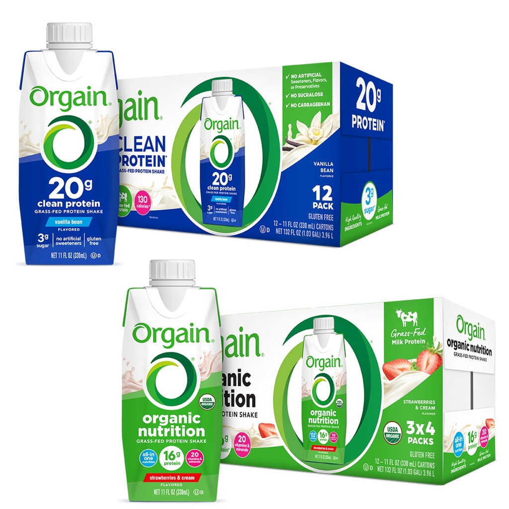 Orgain Clean Protein Shake, Gras Fed Dairy, Vanilla Bean (Pack von 12) und Orgain Organic Nutritional Protein Shake, Erdbeeren & Cream (Pack von 12)