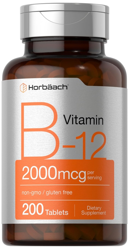 Horbäach B12 Vitamin 2000 mcg | 200 Tabletten | Vegetarische Ergänzung | Non-GMO & Gluten Kostenlos
