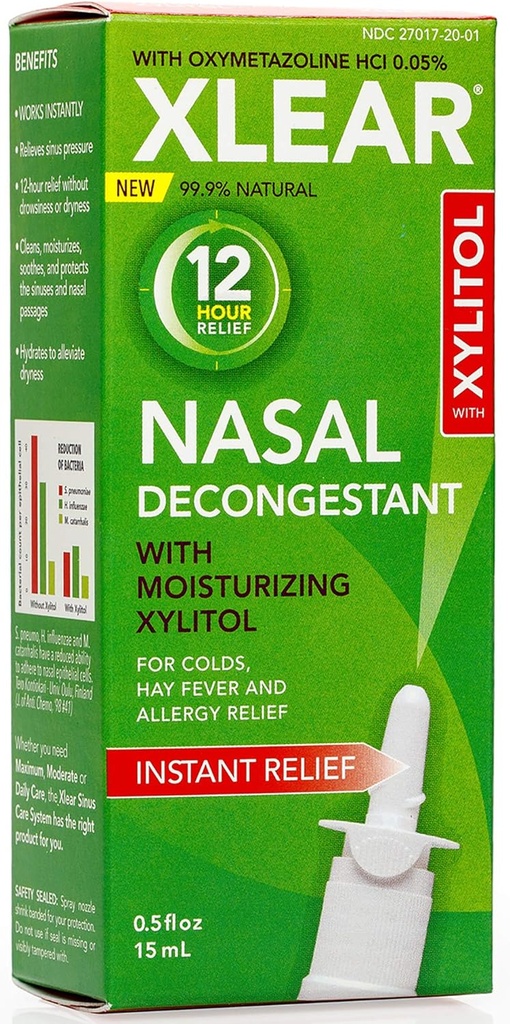 Xlear 12-stündiges natürliches Saline-Nasal-Dekongestant-Spray mit Xylitol und Oxymetazolin, Instant-Sinus-Druck und Stauhilfe für Kinder und Erwachsene 0,5 fl oz (Pack von 3)
