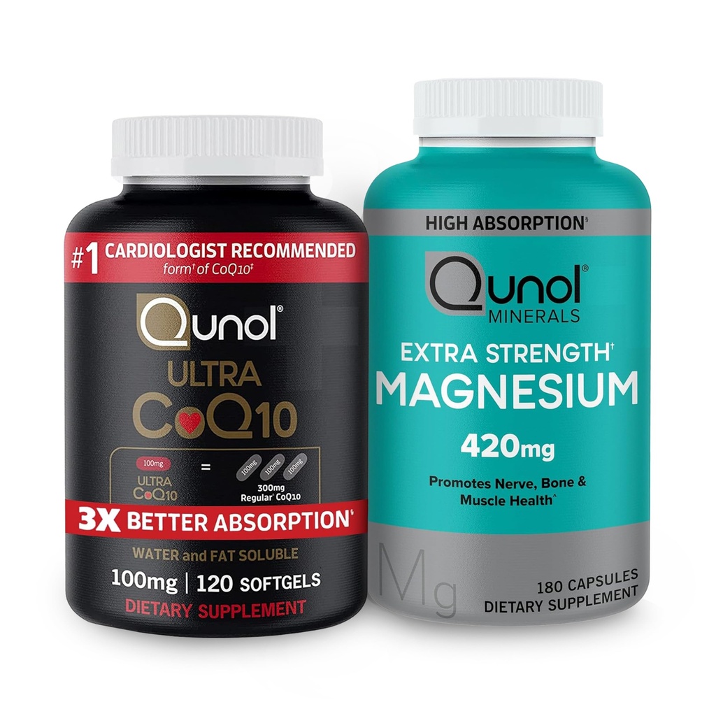 Qunol CoQ10 100mg Softgels, 3X Meilleure absorption 4 mois d'approvisionnement + 120 Compte Glycinate de magnésium Capsules 420mg, Supplément de magnésium à haute absorption, 180 Compte