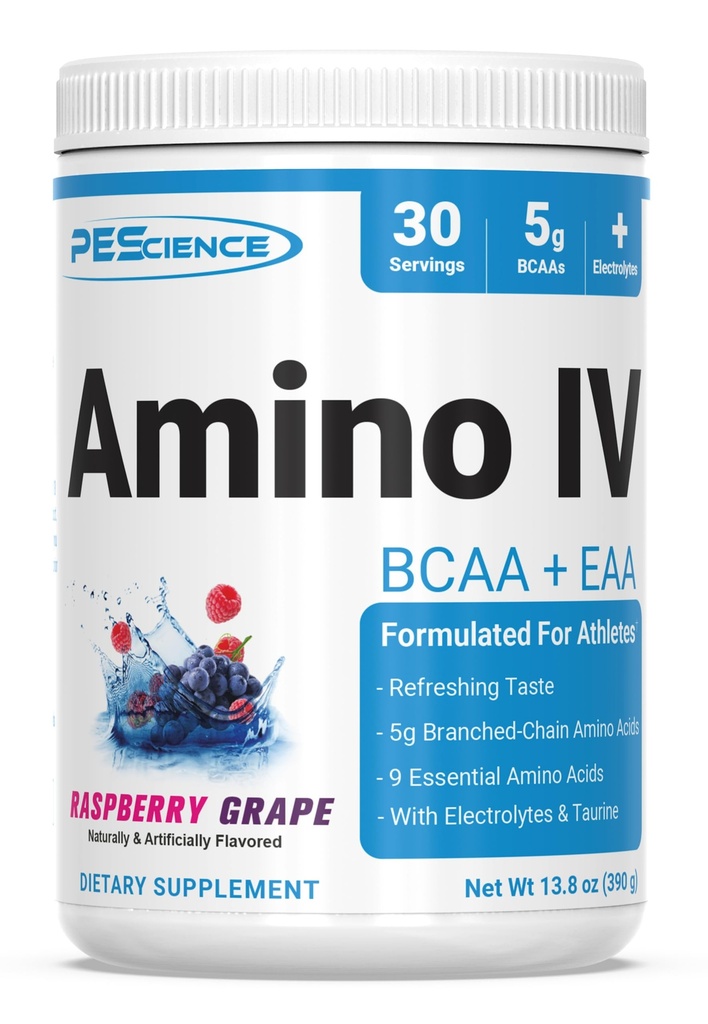 PEScience Amino IV BCAA & EAA Pulver, essentielle Aminosäuren, Taurine, Elektrolyte für Hydration und Muskelrückgewinnung, Zucker frei für Männer und Frauen, Post Workout - Raspberry Grape - 30 Portionen