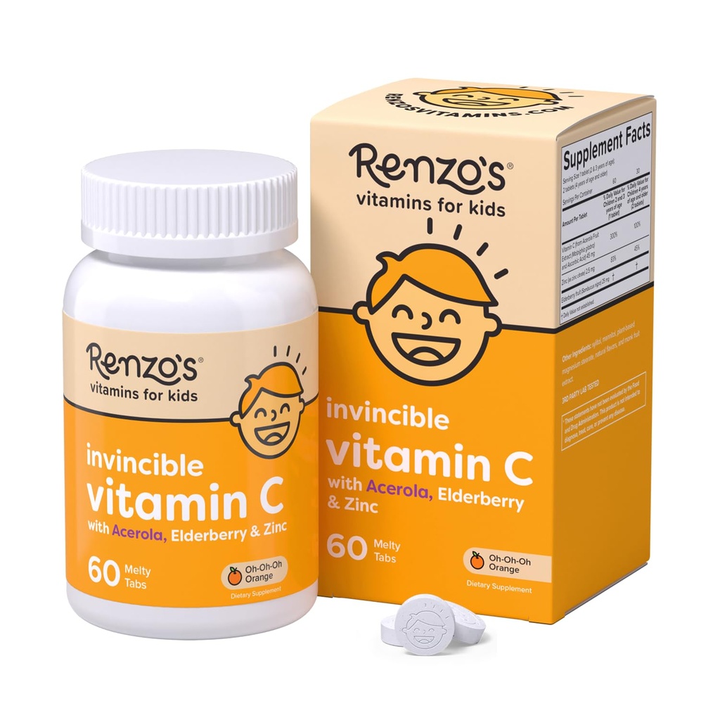 Renzos unbesiegbares Vitamin C für Kinder mit Elderberry und Zink, lösliche Kinder Vitamine für Immununterstützung, 60 Orange-Flavored Melty Tabs
