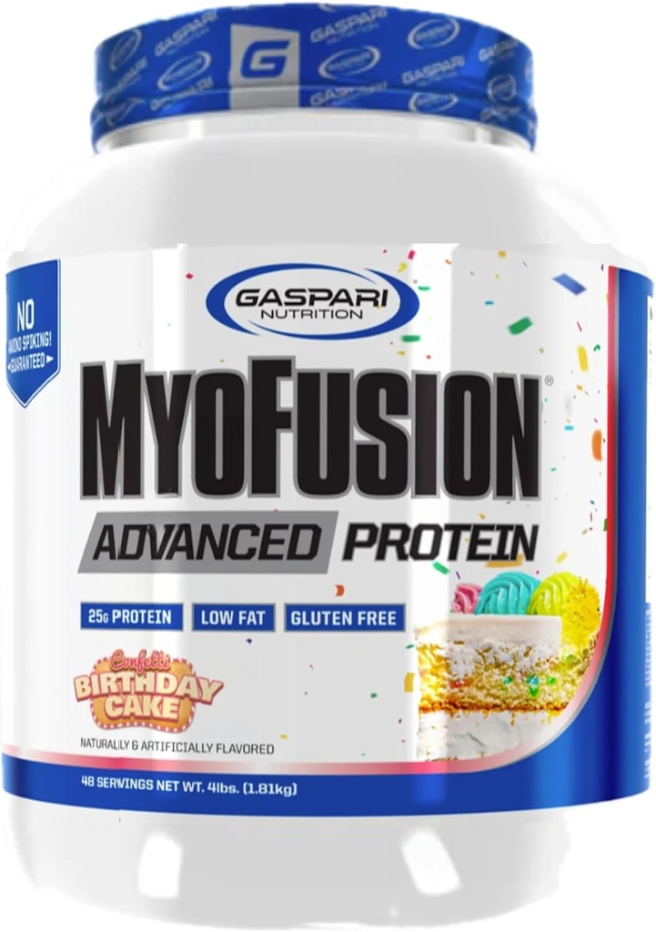 Gaspari Nutrition Myofusion Advanced Protein, Protein Blend mit Whey Protein, Casein Protein und Isolate Protein, Low Fat and Gluten Free (Birthday Cake, 4 Pound)