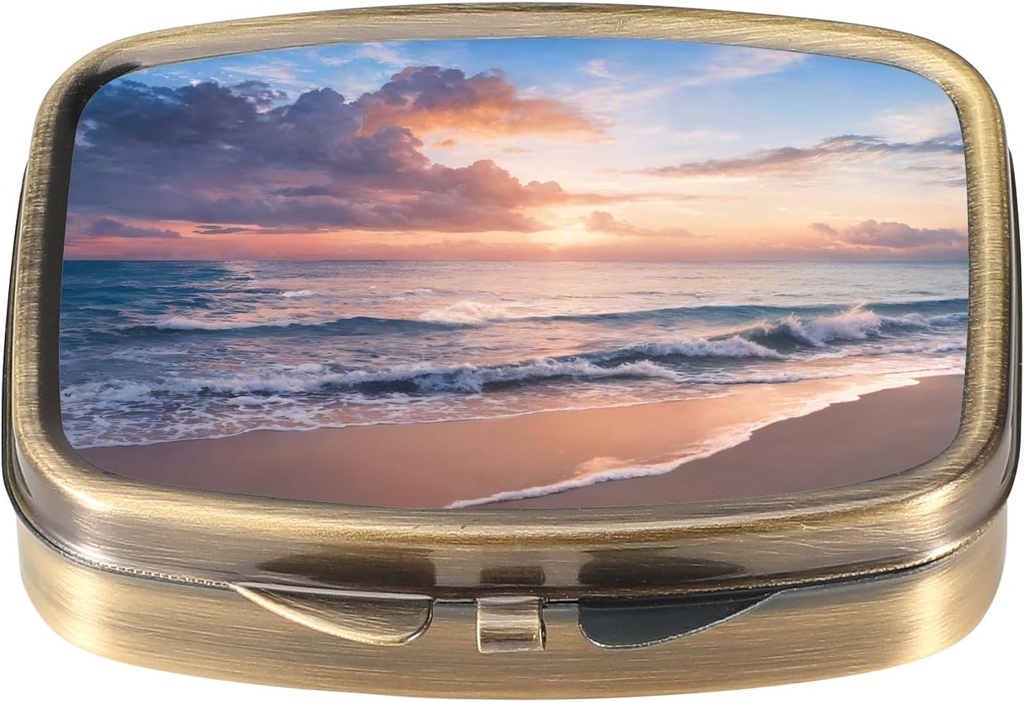 Boîte à pilules Dynippy avec miroir Retro Pocket 2 Compartiment Médicament organisateur de pilules vitaminées pour la chasse à la poche et les voyages (rétro- plage coucher du soleil)