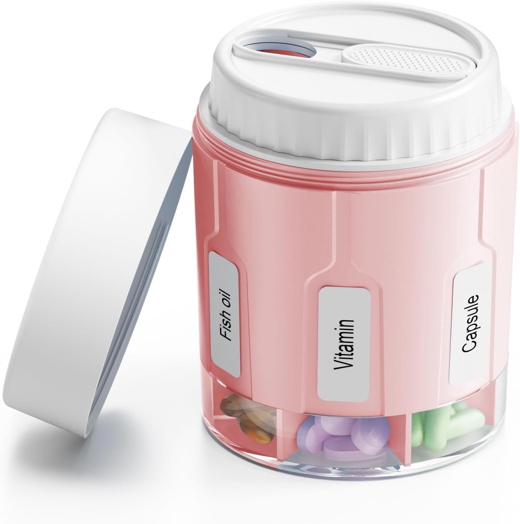 Daviky Pill Bottle Organizer, Supplement Organizer with 7 Large Compartments, Travel Pill Dispenser Round Pill Box with Two Lids（Pink+White）