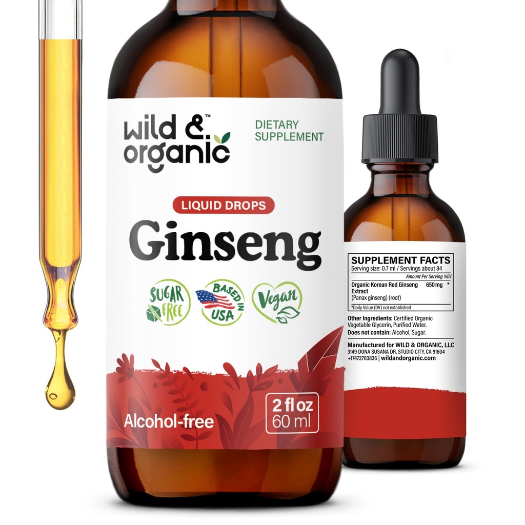 Wild & Organic Korean Red Ginseng Extract Drops - Panax Ginseng Supplement für Immununterstützung - Flüssige Wurzel-Tinktur für Gesamt-Well-Being - Vegan, Zucker & Alkoholfrei - 2 fl oz