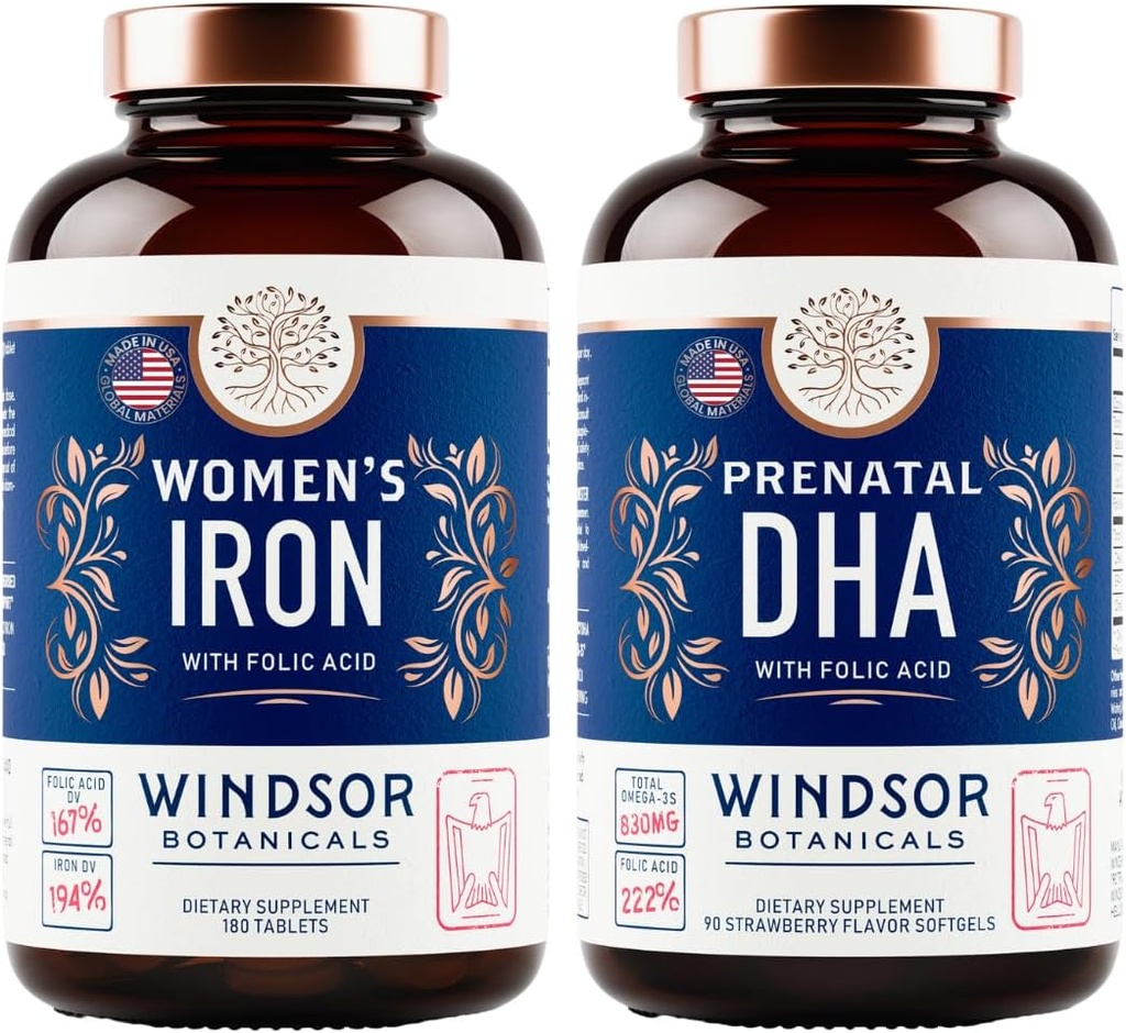WINDSOR BOTANICALS Prenatal DHA und Eisen Pillen für Frauen mit Folsäure - Pränatales Vitamin Bundle