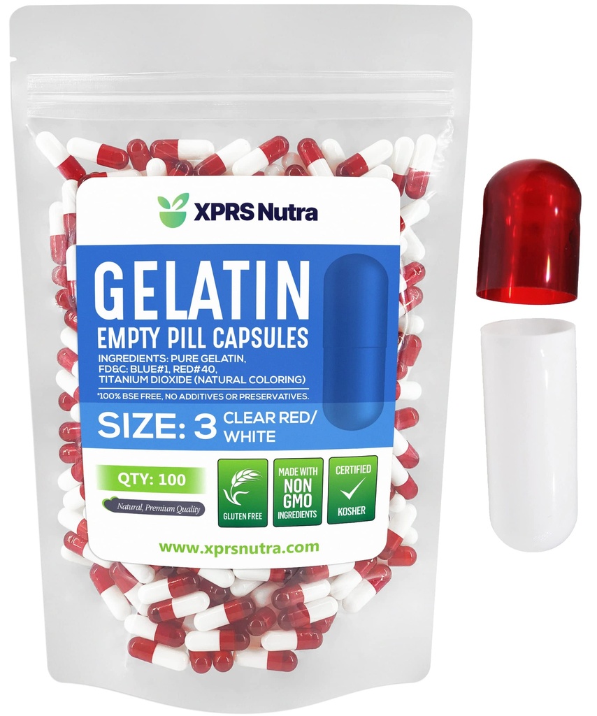 XPRS Nutra Größe 3 Leere Kapseln - 100 Count Leere Gelatine Kapseln - Pillen DIY Kapsel Füllung - Pure Bovine Pill Gel Kapseln füllbar für Do-It-Yourself Vitamine und Ergänzungen (Clear Red/White)