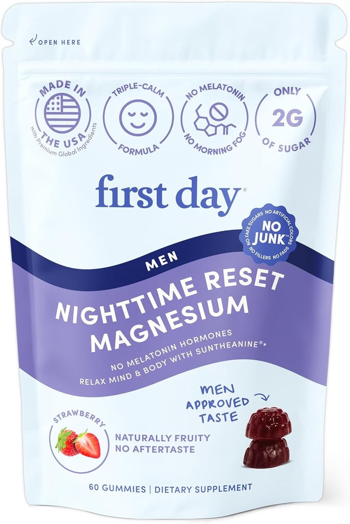 First Day Men’s Nighttime Reset Calming Magnesium Gummies – Schlafhilfe unterstützt friedliche Erholung, Balanced Mood & Energy – Ergänzung mit Magnesium Citrat, L-Theanin & No Melatonin – 30-Tage Versorgung