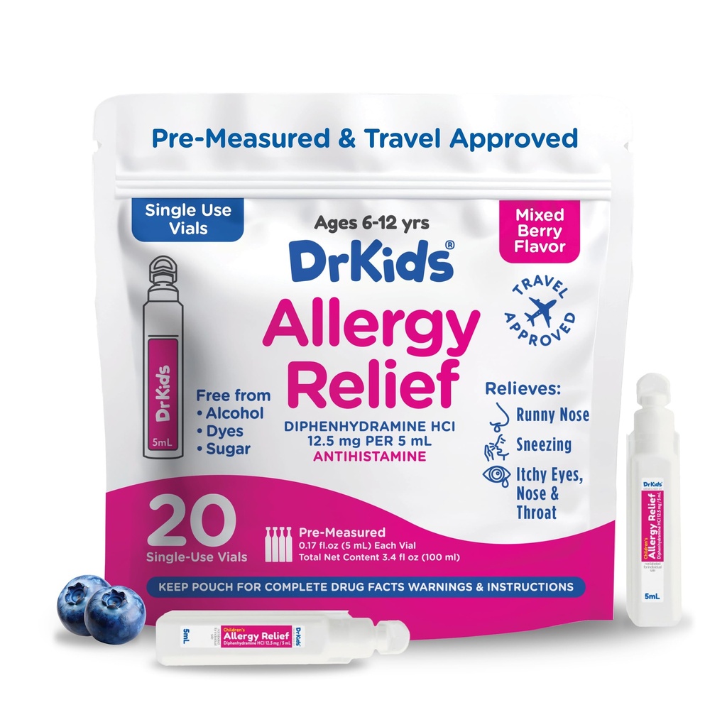 Dr. Kinder Allergy Relief Medizin mit Diphenhydramin - Pre-Measured Single-Use Vials, Kinder Antihistamin für Niesen, Runny Nose & Itchy Eyes, Mixed Berry Flavor, 20 Count (Pack von 1)