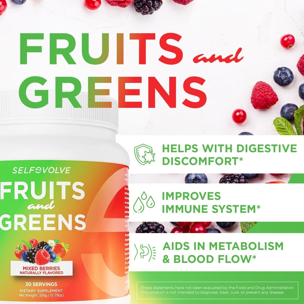 Fruits et verts Poudre bio probiotique : 30 portions pour hommes et femmes. Vegan avec 10 milliards d'UFC, Spiruline, Kale, Épinards, Chlorella, Elderberry, Enzymes digestifs - Probiotiques