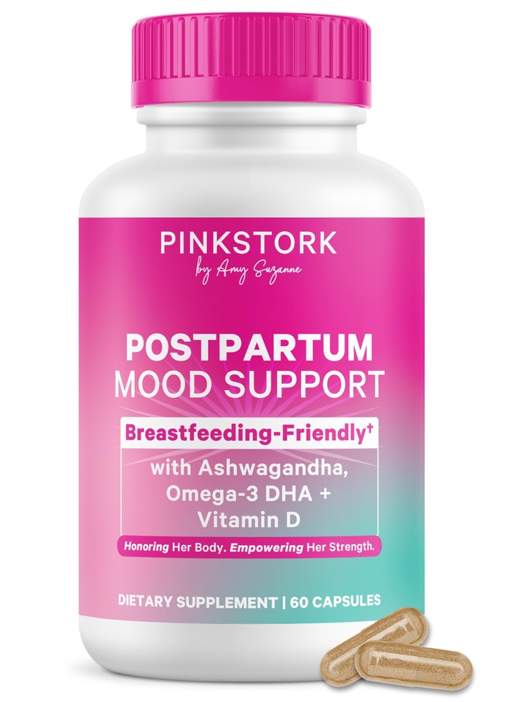 Pink Stork Postpartum Mood Unterstützung - postnatal Hormon Balance für Frauen - Stillend Freundlich - Stress & kognitive Unterstützung, Neue Mutter Essentials - Ashwagandha, Kamille, & Vitamin D, 60 Kapseln