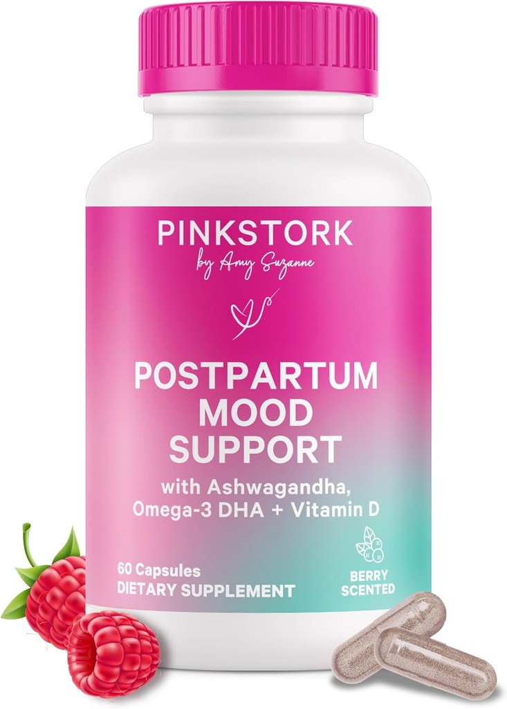 Pink Stork Postpartum Mood Unterstützung - postnatal Hormon Balance für Frauen - Stillend Freundlich - Stress & kognitive Unterstützung, Neue Mutter Essentials - Ashwagandha, Kamille, & Vitamin D, 60 Kapseln