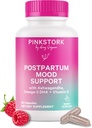 Pink Stork Postpartum Mood Support - Balance hormonale postnatale pour les femmes - Allaitement amical - Stress & Cognitive Support, New Mom Essentials - Ashwagandha, Camomile et Vitamine D, 60 Capsules
