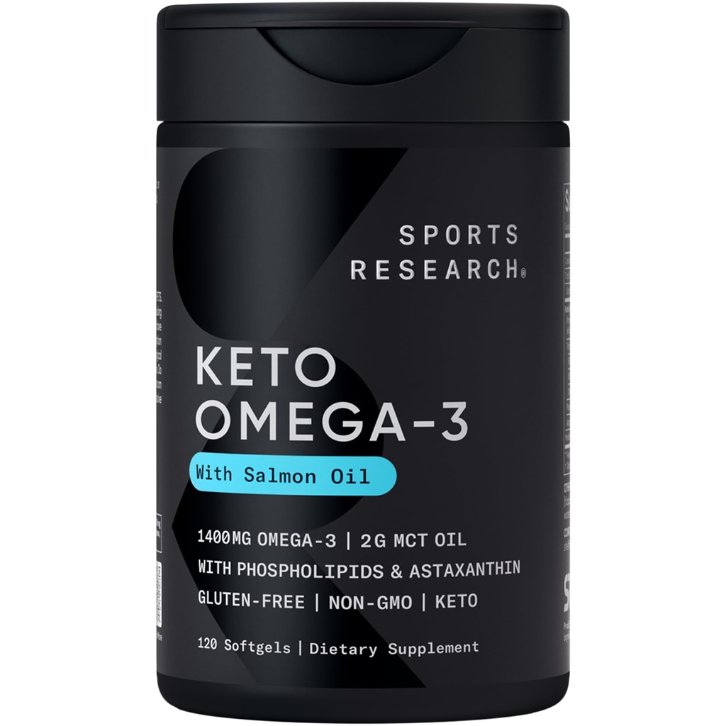 Sport Research® Keto Omega Fish Oil 1400mg - Full Spectrum Omega-3 Blend mit Astaxanthin & Coconut MCT Oil - Keto Certified, Soy & Gluten-Free (120 Softgels)