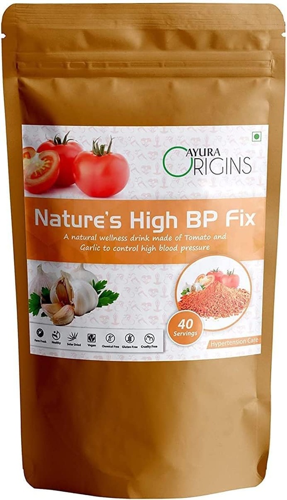 BETT AYURA Origines NatureS High BP Fix, supplément Herbal pour aider à réduire la pression artérielle élevée, le soulagement de l'hypertension, soutient la santé cardiaque, fait avec de la tomate pure et la poudre d'ail, 200 grammes