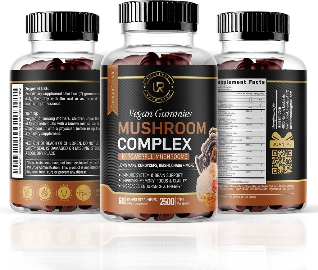 Mushroom Gummies | 10 Pilz-Ergänzung | 2500mg | Turkey Tail, Chaga, Reishi, Cordyceps & Lions Mane Bio Pilz-Extrakte, Nootropic Brain Booster (180 Graf (Pack von 3))