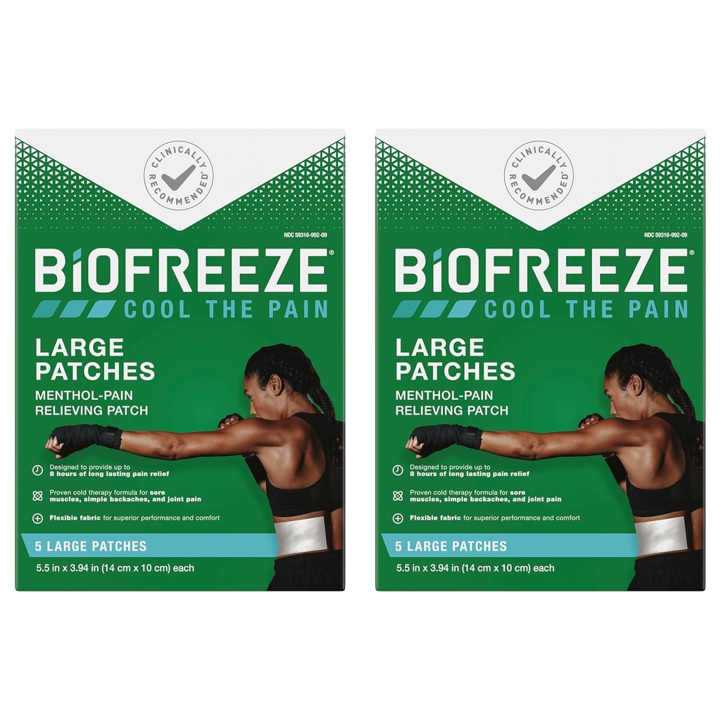 Biofreeze Pain Relief Patches, Arthritis Pain Reliver, Knee & Lower Back Pain Relief Patch, Sore Muscle Relief, Halsschmerzen Relief, 2 Pack (5 Biofreeze Menthol Patches)