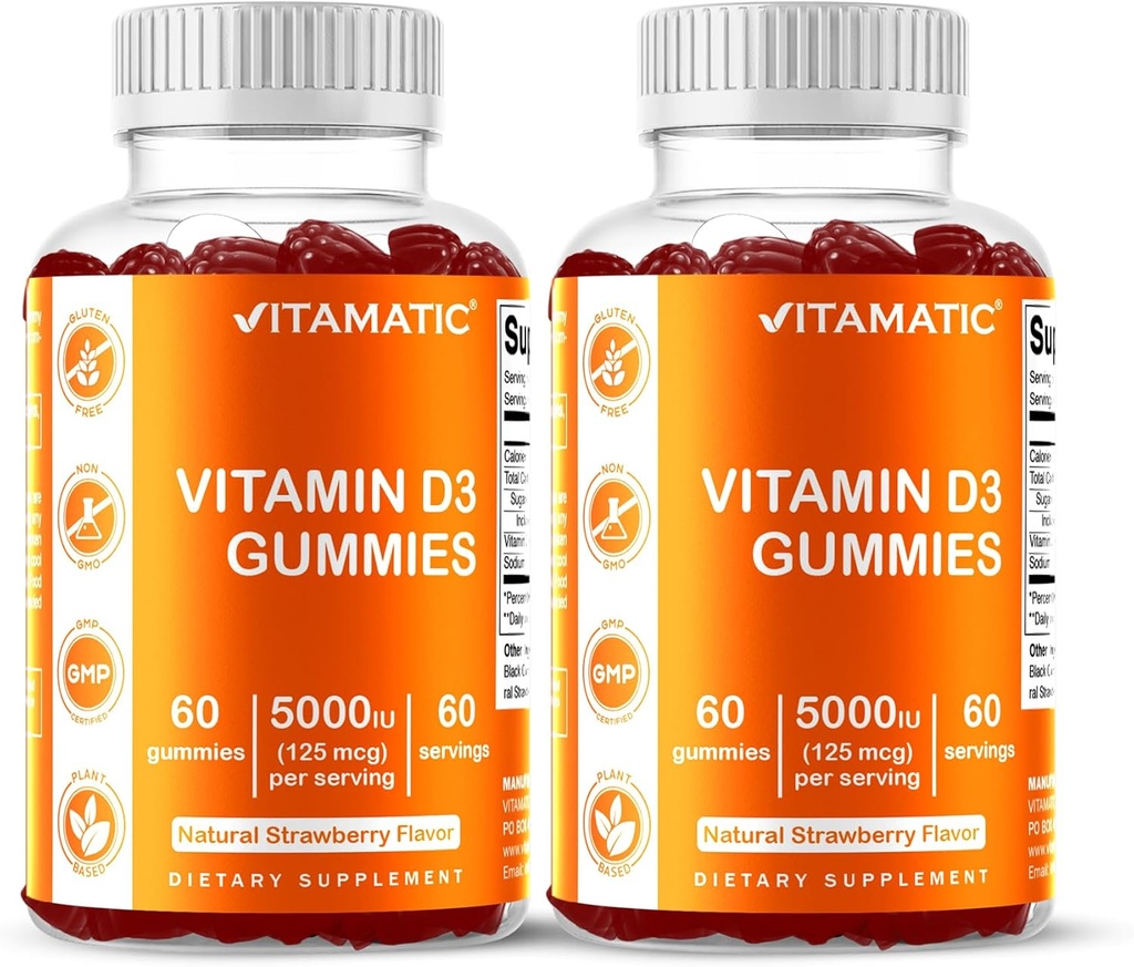 Vitamatic Vitamin D3 Gummie – 5000 IU Pro Gummy | 60 Gummie pro Flasche | Paket von 2 (Gesamt 120 Count) Großer Geschmack | Unterstützt Knochen, Zähne, Stimmung, Gelenk & Immune Gesundheit