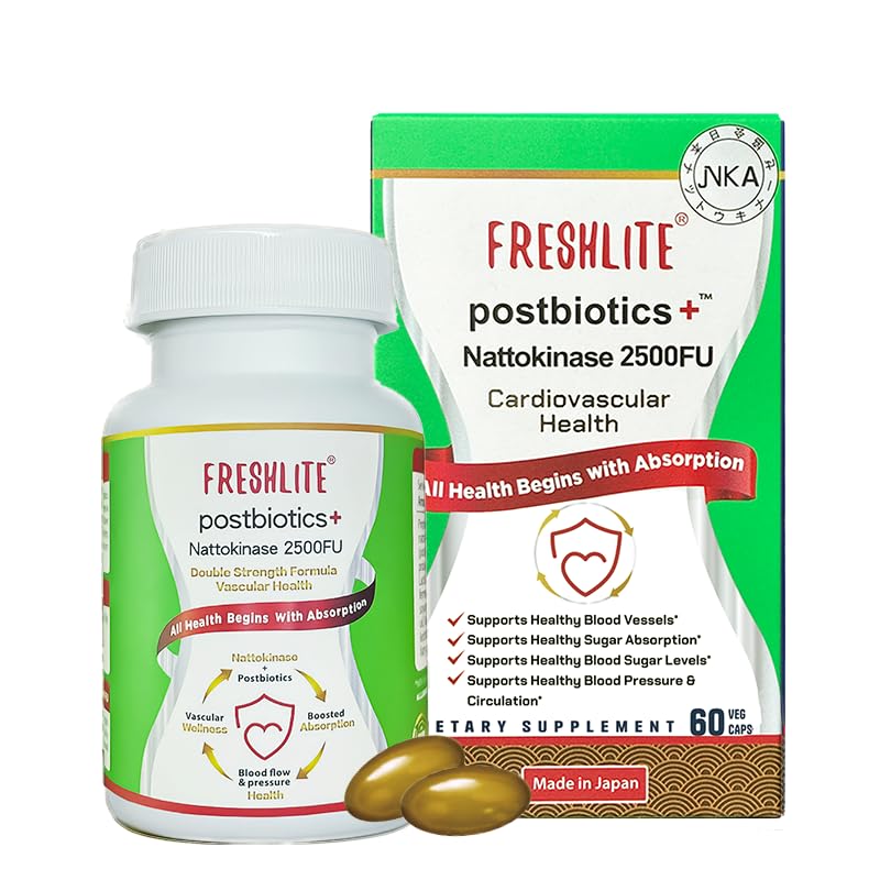 FRESHLITE 2500FU Premium NSK-SD Nattokinase & Vegan Postbiotics for Cardiovascular Support | Blutdruck, Cholesterin & Herz Gesundheit | JNKA Zertifiziert | Non-GMO, Gluten-Free, 60 Kapseln Japan Made