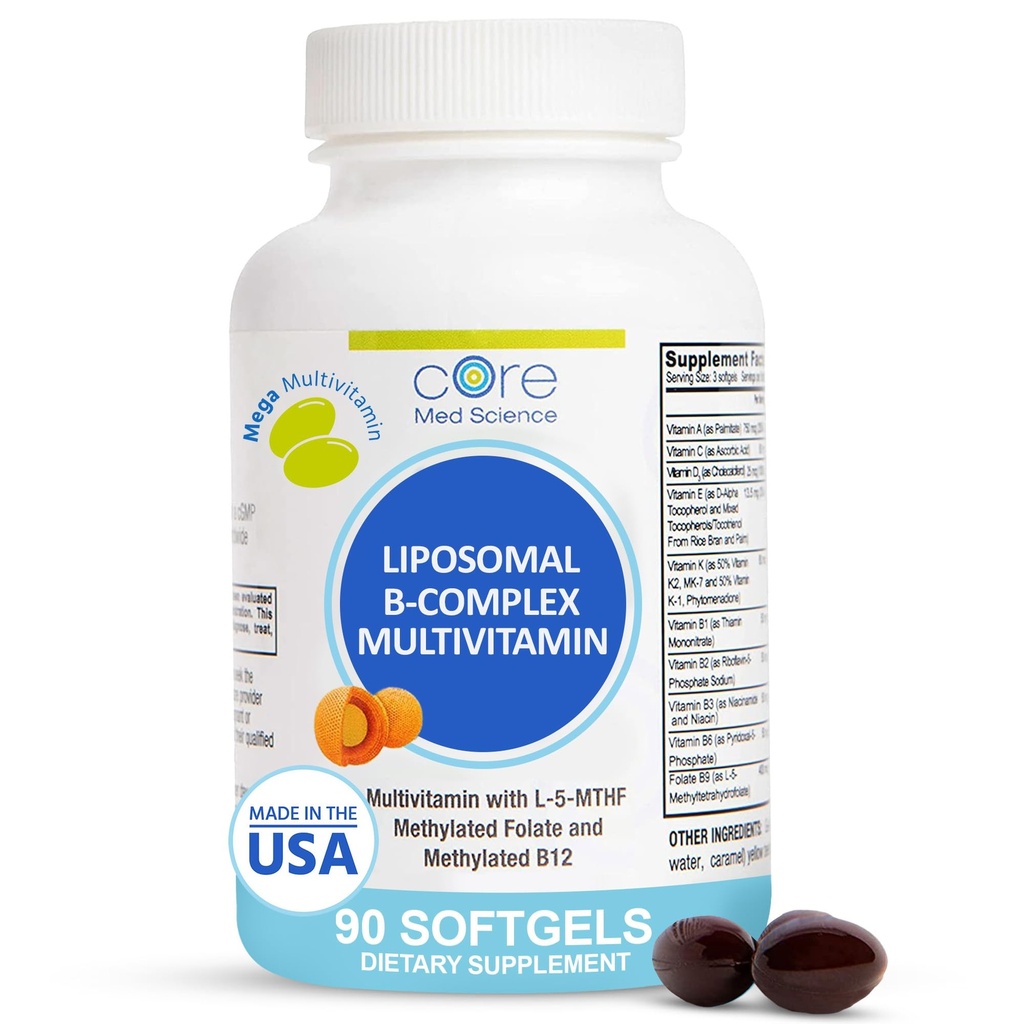 Core Med Science Multivitamines Méthylées Liposomiques B-Complexe, 90 Softgels - Supplément de vitamine complexe Super B actif non-OGM pour la santé cardiaque - Supplément de soutien immunitaire complexe Méthyl B VIT