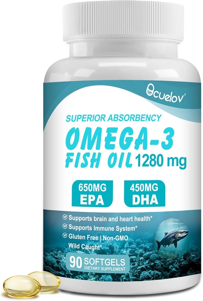 Omega 3 Fischöl Ergänzungen, Dreifache Stärke Omega 3 Nahrungsergänzung mit 650mg EPA 450mg DHA Per Servieren - Gehirn, Auge, Herz und Immun Gesundheit Unterstützung - 90 Softgels (45 Serv)