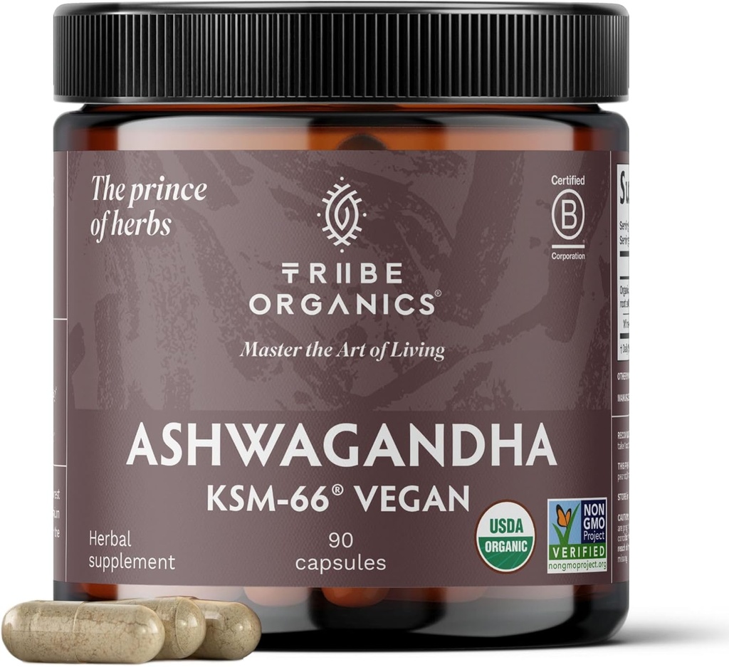 TRIBE ORGANICS Vegan Ashwagandha KSM 66 Pure Organic Root Powder Extract Ayurvedic Supplement - Focus Mood Support Increase Energy Strength 600mg of Natural KSM66 for Superior Absorption - 90 Capsules