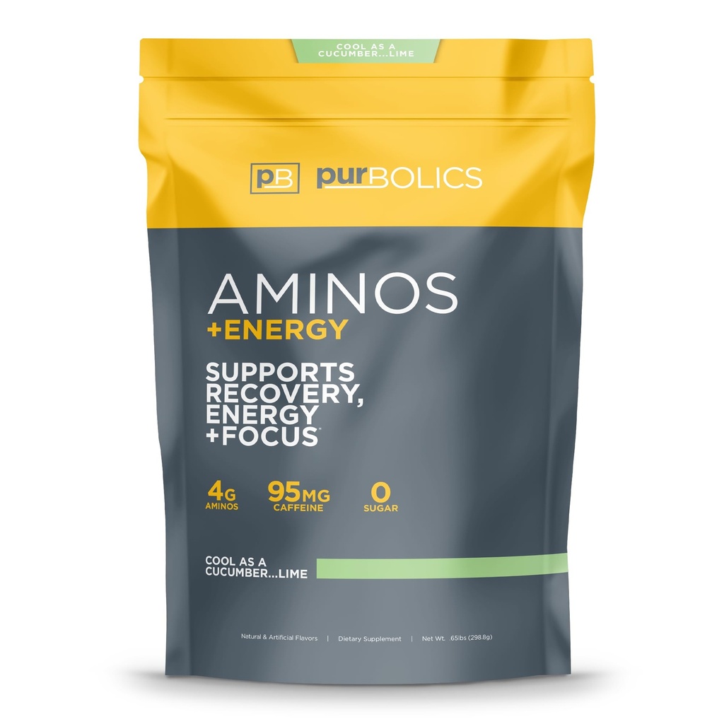 Purbolics Aminos + Energy | Unterstützt Erholung, Energie & Fokus | 95mg Koffein, 0 Zucker & 60 Servierungen (Kool als Gurke...Lime)