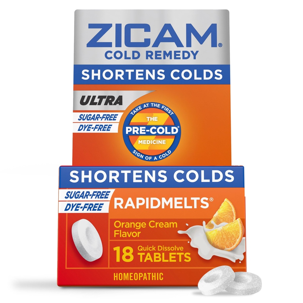 Zicam Ultra Cold Remedy Zinc Rapidmelts, Arôme crème orange, homéopathique, médecine de raccourcissement du froid, raccourcit la durée du froid, sans sucre, sans colorant, 18 Compte