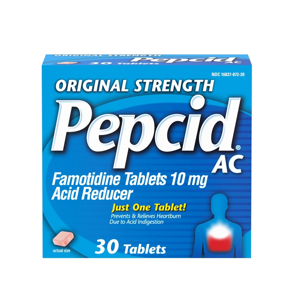 Pepcid AC Original Strength Heartburn Relief Tabletten, OTC Medizin verhindert und entlastet Sodbrennen & Säure Reflux durch Säure Verdauung, 10mg Famotidin Säure Reducer, Fast-Acting, 30 ct