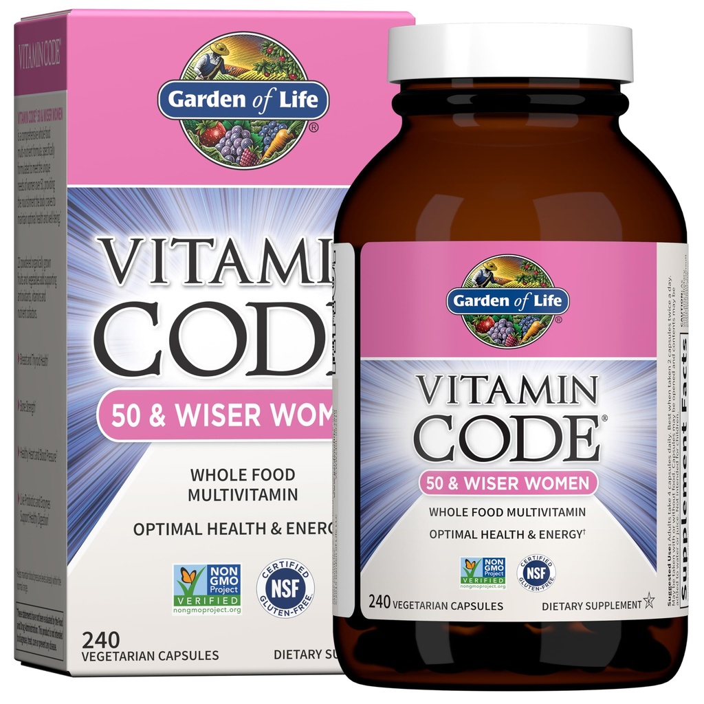 Garten des Lebens Vitamin Code Multivitamin für Frauen 50 & Over, 240 Kapseln, für Frauen 50 Plus mit B Vitamine, Vitamine A, C, D3, E & K, CoQ10, Probiotics & Enzyme