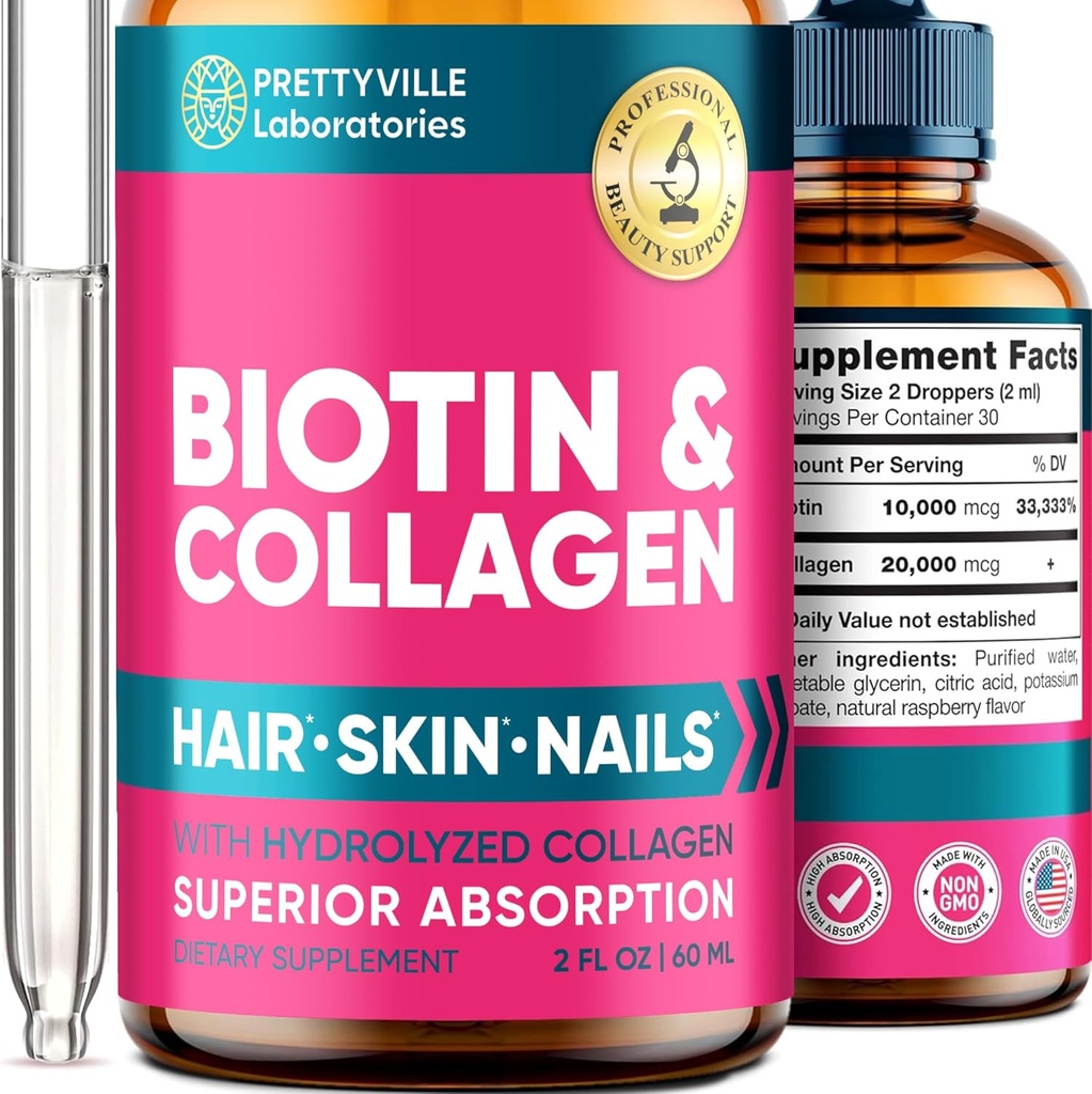 Liquid Collagen & Biotin for Women - 30000mcg Hair Growth Complex - Made in USA - Hydrolysed Collagen & Biotin Oil for Hair Growth, Healthy Skin & Nails - Vegan Collagen & Biotin Source - 2 fl oz