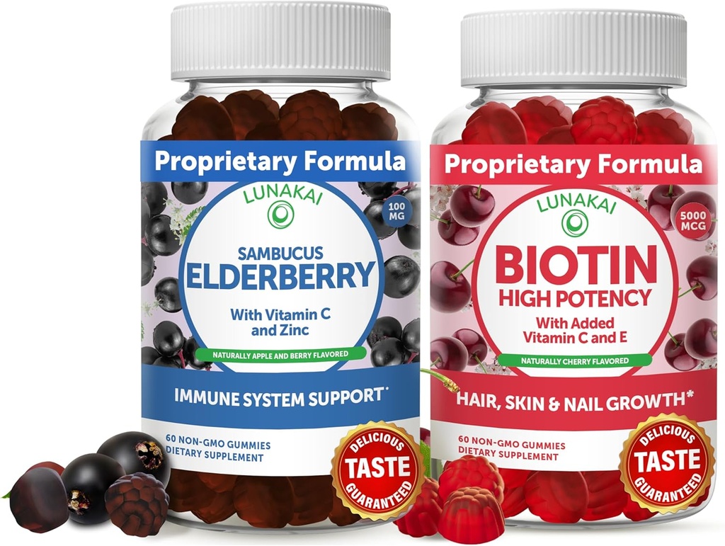 Lunakai Biotin & Elderberry Gummies Bundle - Gummy for Hair Growth, Skin Glow and Stronger Nails with Vitamin C and E - Immununterstützungsergänzung für Erwachsene und Kinder