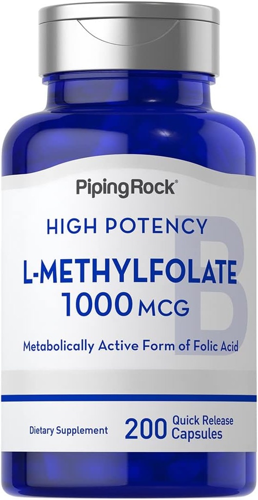 Supplément de méthylfolate de Rock L de Piping Rock $ 1000 mcg $ 200 Capsules $ Forme active de l'acide folique $ Non-OGM, sans gluten