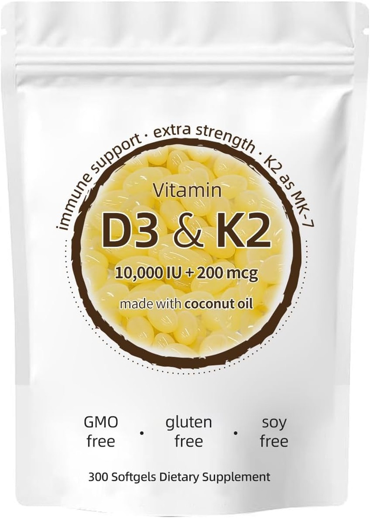 Vitamin D3 K2 Supplement, 10000 IU D3 + 200 MCG K2, 300 Softgele, Non-GMO, Glutenfrei