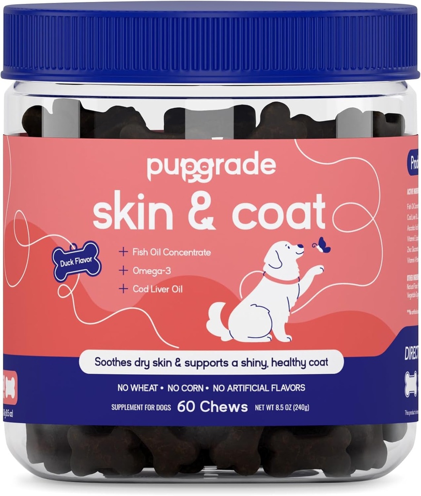 PupGrade Skin & Coat Soft Chew Supplement für Hunde – Unterstützt gesunde Haut, Mantel und Immunfunktion - Reich an natürlichem Fischöl, Omega Fatty Acids, und Vitamine – 60 Soft Chews