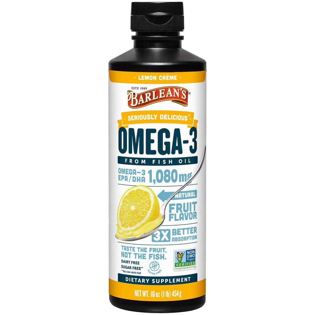 Barleans Omega 3 Fish Oil Liquid Supplement für Männer und Frauen, Lemon Crème, 1080mg Omega 3 EPA und DHA Fatty Acid, 16 oz