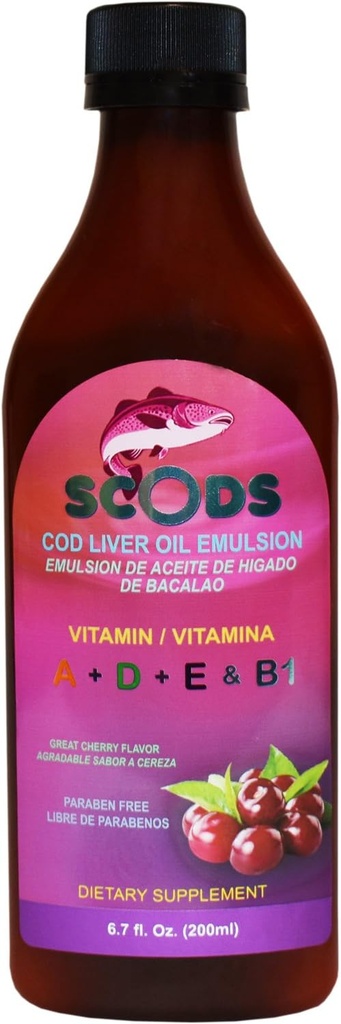 Emulsion de Scods Cereza Cod Liver Öl Emulsion Kirsche 200ml Vitamin A + D + E & B1