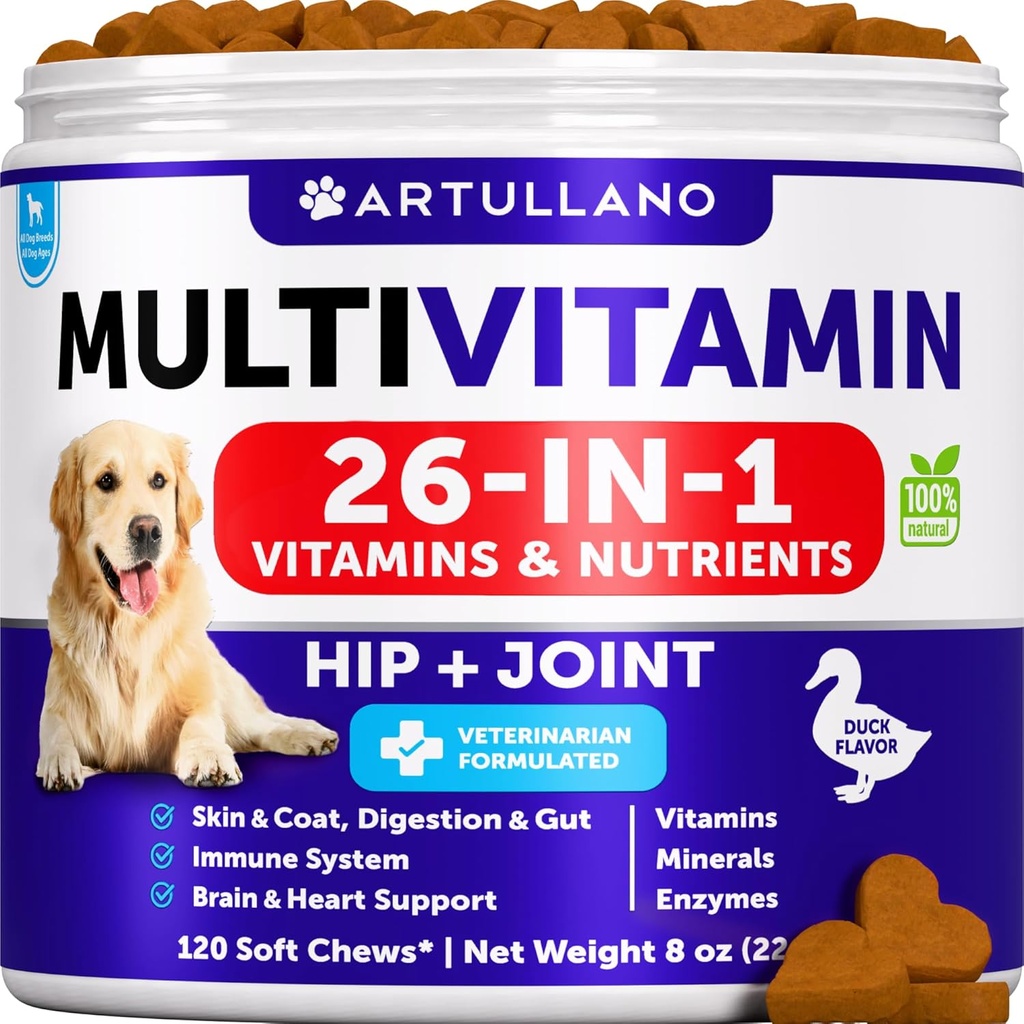 Hund Multivitamin Kaubar mit Glucosamin 26 in 1 - Hunde Vitamine und Ergänzungen - Senior & Welpen Multivitamin für Hunde - Pet Joint Support Health - Immunität, Mobilität, Gut Skin - 120 Chews