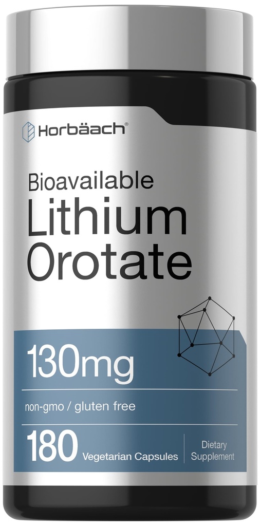 Horbäach Lithium Orotate 130mg | 180 Kapseln | Non-GMO, Gluten Free | 5mg Bioverfügbares Elemental Lithium