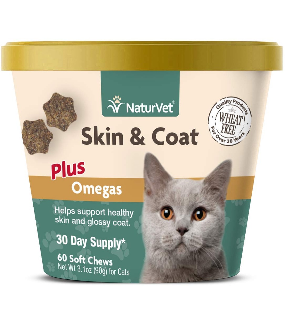 NaturVet – Skin & Coat Plus Omegas für Katzen – 60 Soft Chews | Unterstützt gesunde Haut &amp; Glossy Mantel | Verbessert mit Omega-3, Omega-6 & Biotin | 30 Tage Versorgung