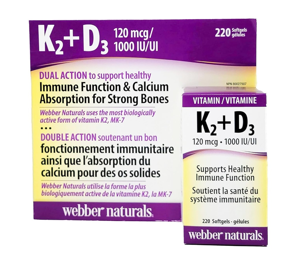 Webber Naturals K2 + D3 120 mcg/1000 UI, soutient une fonction immunitaire saine - 220 softgels