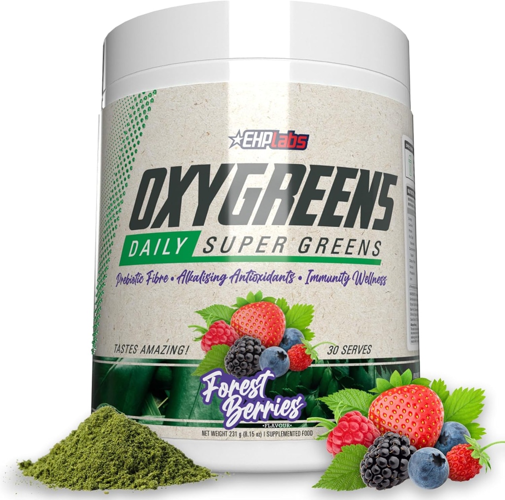 EHP Labs OxyGreens Super Greens Powder – Tägliche Greens & Superfood-Ergänzung mit Spirulina, Chlorella, Prebiotics, Verdauungsenzyme, Antioxidantien – 30 Servierungen (Forest Berries)