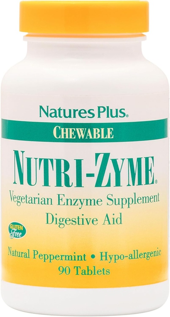 NaturesPlus Nutri Zyme - 90 Chewable Tablets, Peppermint Flavor - Vegetarische Enzymergänzung mit Bromelain & Papain, Natürliche Verdauungshilfe - Glutenfrei - 45 Portionen