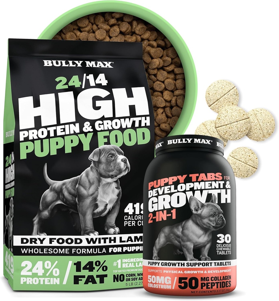 Bully Max 24/14 High Protein Puppy Food (5lbs.) und Welpen Vitamine (30 kaubare Tabs) für Entwicklung & Wachstums Bundle – Muskel, Immune, Knochen & Verdauungsunterstützung in kleinen und großen Zuchtpuppen