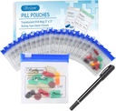 Serfeymi 32 Pcs Pochettes à pilules zippées Organisateur Sacs en plastique 3 X 3 Poches 12 mil Auto-scellage avec serrure à diapositives Étiquette critable Translucide Travel Medicine Sac de rangement et 1 Pc Marker-Blue