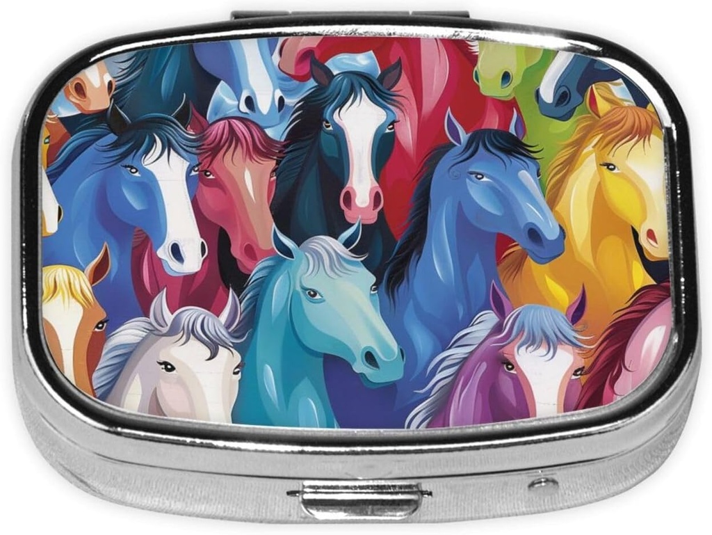 Chevaux de caricature colorés organisateur de pilules carrées imprimées avec 2 compartiments, mini cas de pilules portable boîte pour la médecine, vitamine, huile de poisson, suppléments