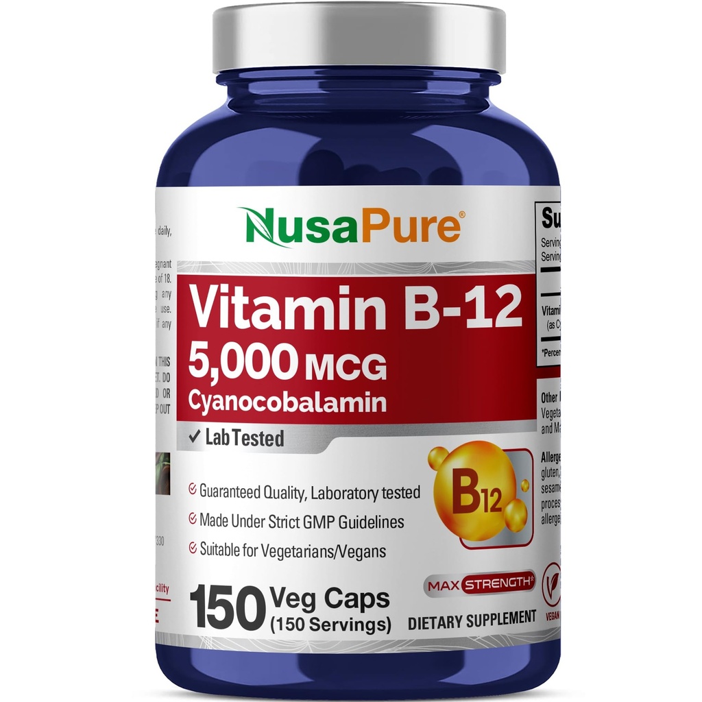 NusaPure Vitamin B12-5000 MCG 150 Veggie Kapseln (Non-GMO, Vegan) - Max Strength Vitamin B12