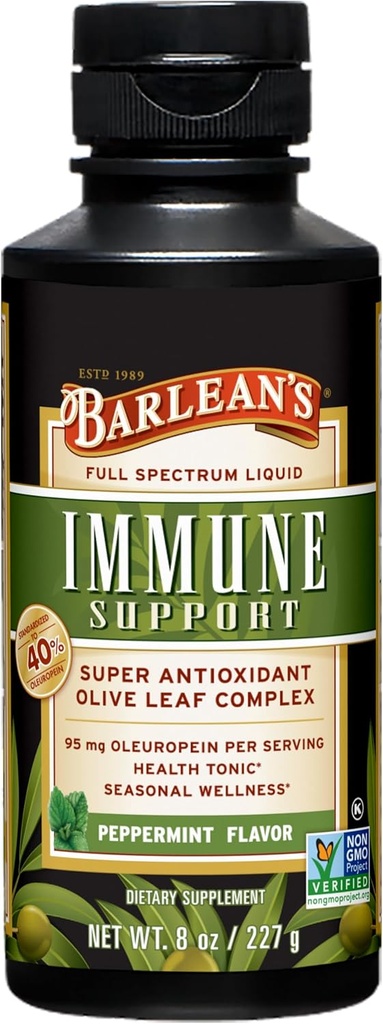 Barlean's Peppermint Olive Leaf Complex Liquid Immune Support Supplement, 95mg Oleuropein Antioxidants, 8 oz